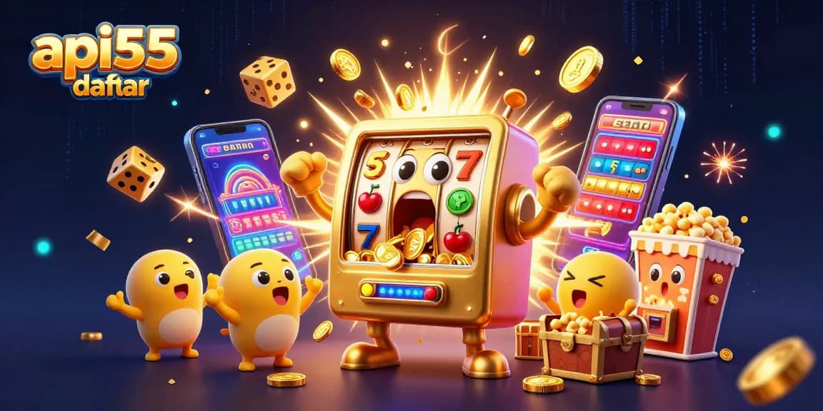 Experience the excitement of api55 daftar as a golden slot machine hits the jackpot amidst confetti and treasures.