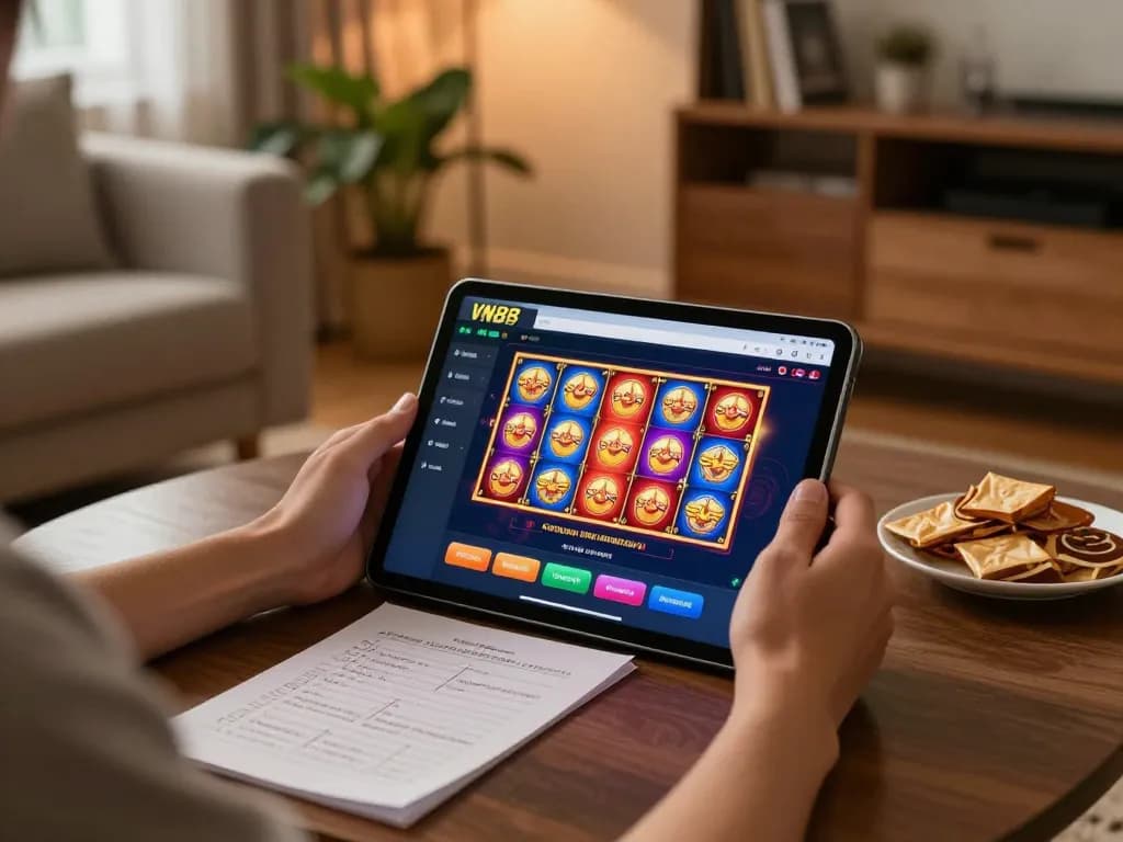 Engage with the VN88 app on a tablet for thrilling online slot gaming in a cozy home setting.
