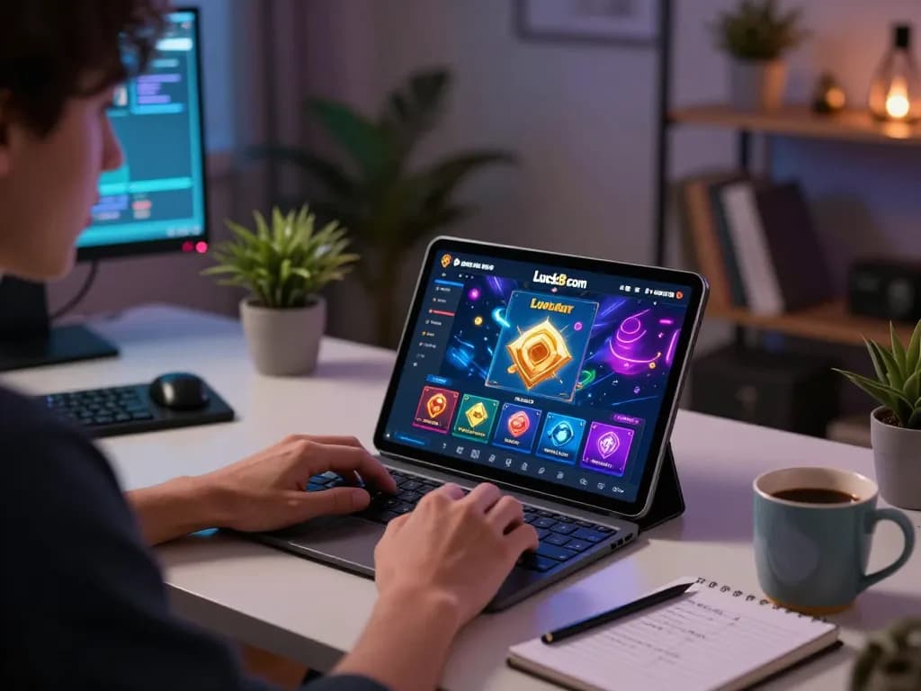 Engaging with Luck8 com betting through a tablet in a cozy home office setting.