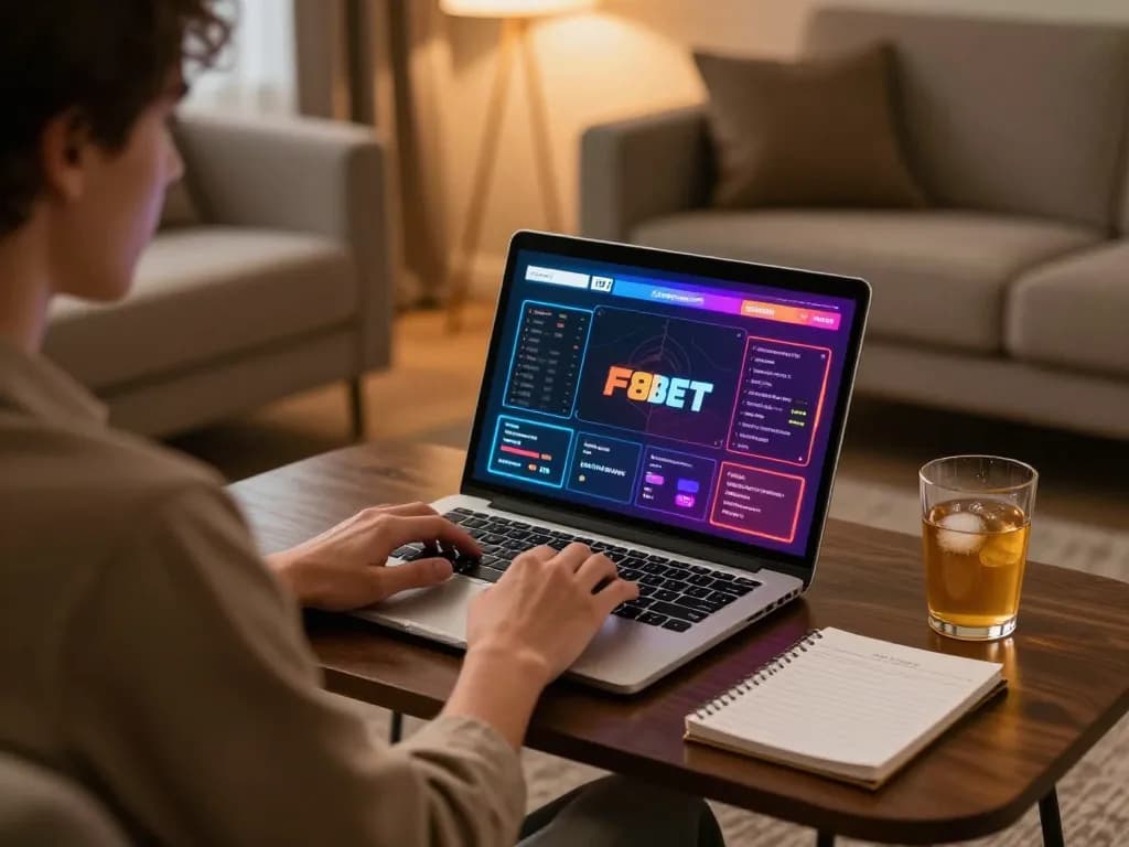 F8BET player enjoying online gaming experience in a cozy home setting with betting interface.