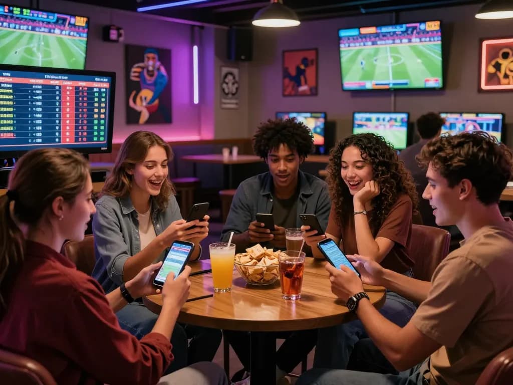 Engaged friends enjoying debet sports betting in a vibrant gaming lounge.