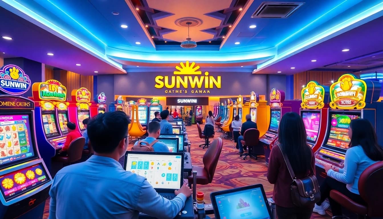 Sunwin gaming portal vibrant scene with players enjoying diverse games, showcasing trust and excitement.