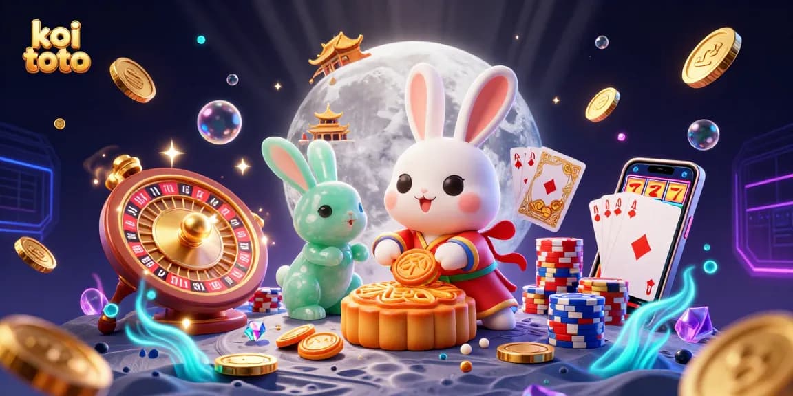 Engage with koi toto as the moon rabbit reveals poker chips in this vibrant casino-themed illustration.