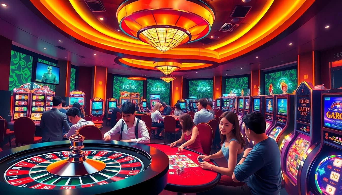 Experience gaming excitement with Situs Gacor amidst a vibrant casino scene featuring slot machines and poker chips.