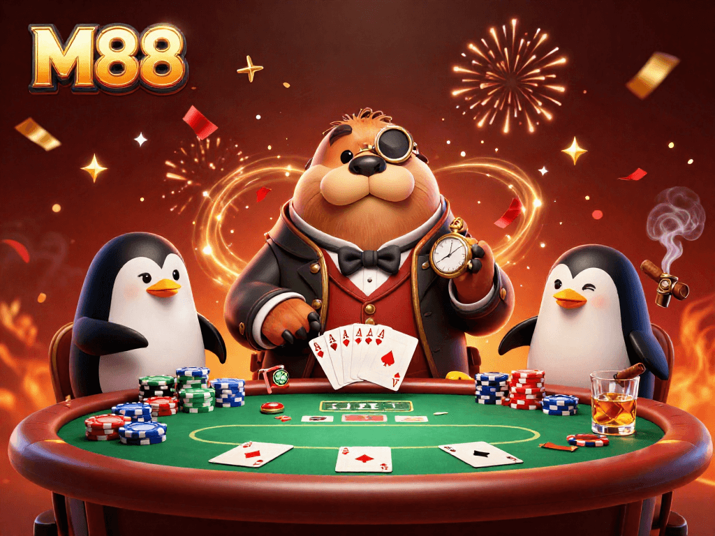 M88 poker scene with walrus, penguin dealer, and pufferfish in a lively underwater casino