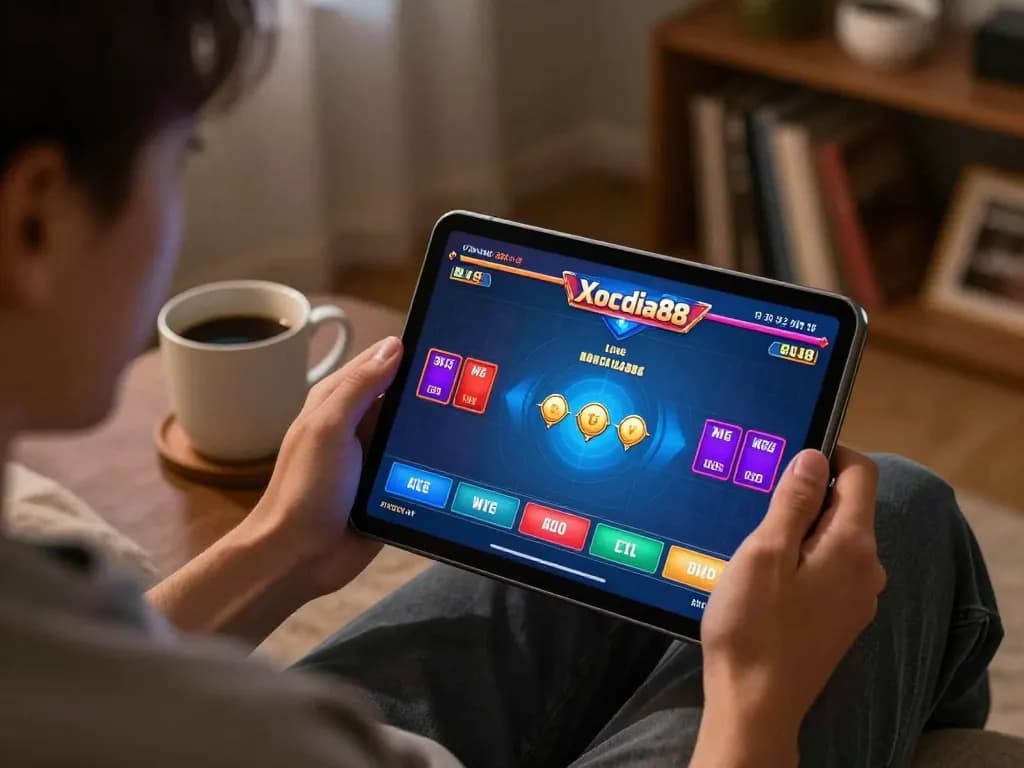Xocdia88 player strategizing during a live online game session, showcasing an engaging and relaxed home environment