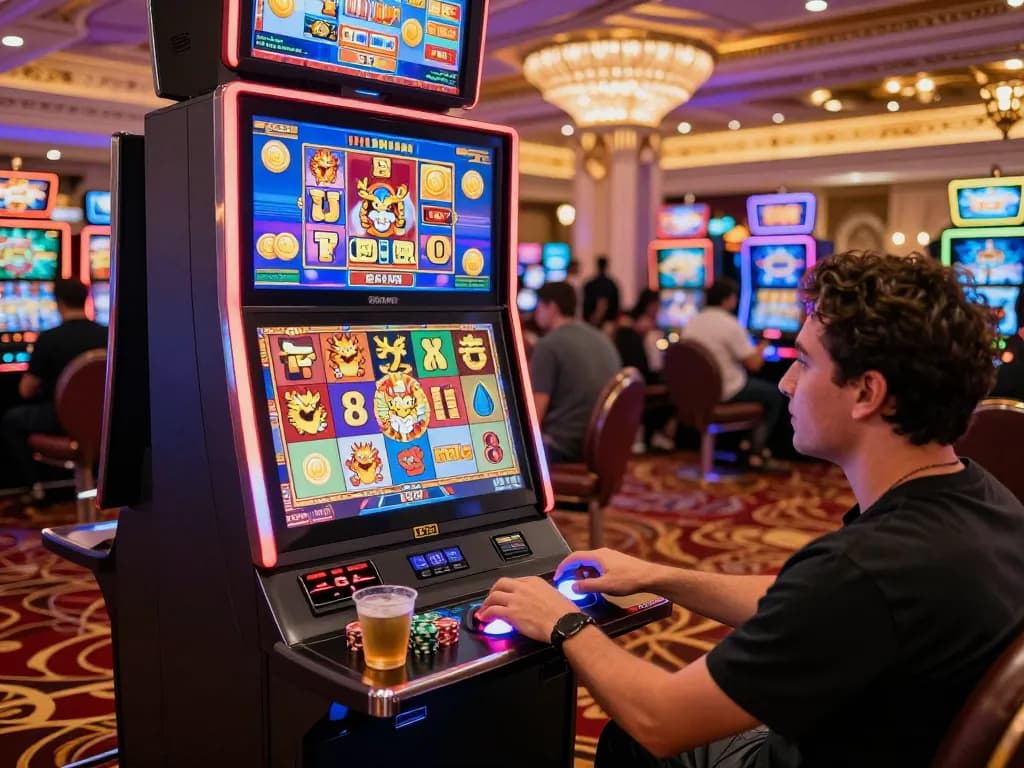 Engaging scene at a Lucky 88 slot machine in a vibrant casino.