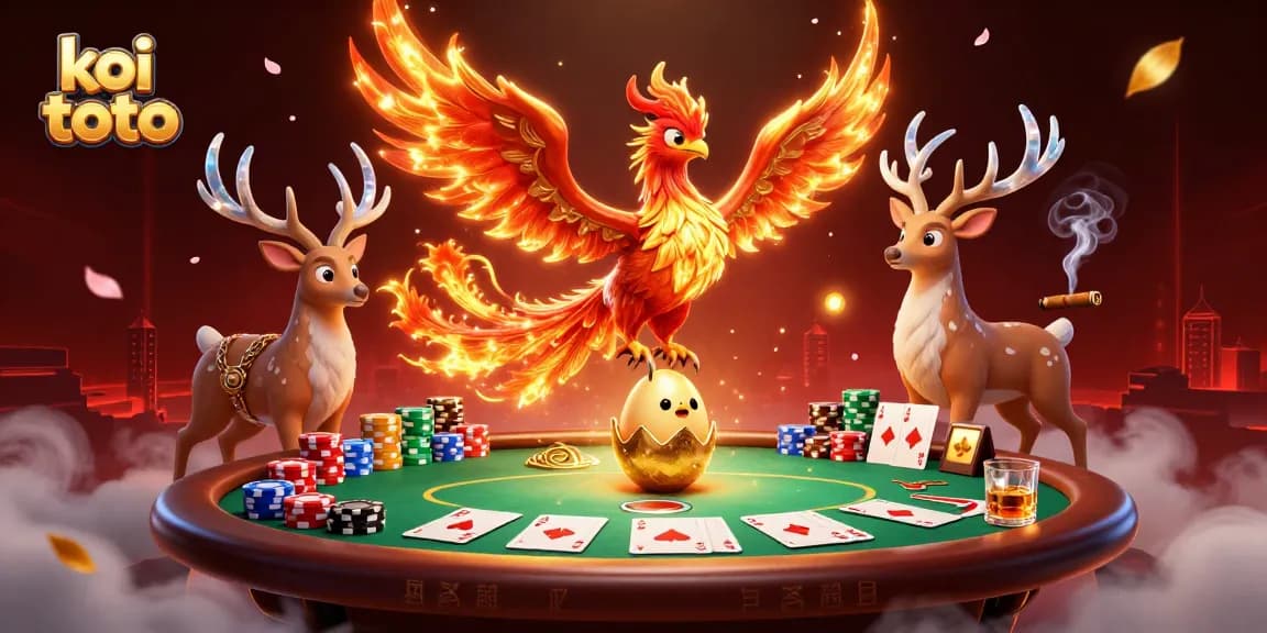 Experience engaging gameplay with koi toto in a vibrant 3D illustration of a phoenix and poker elements.
