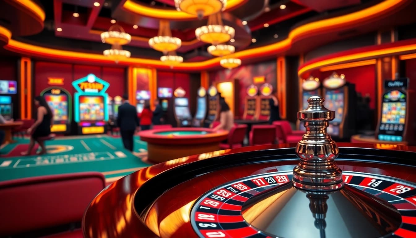 Experience the excitement at 789win link with a vibrant casino scene featuring roulette and poker games.