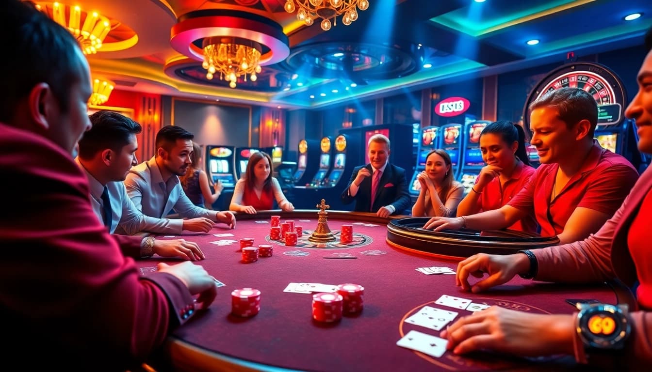 The excitement of gambling at https://kong88.win as players engage with cards and poker chips at a luxurious casino.
