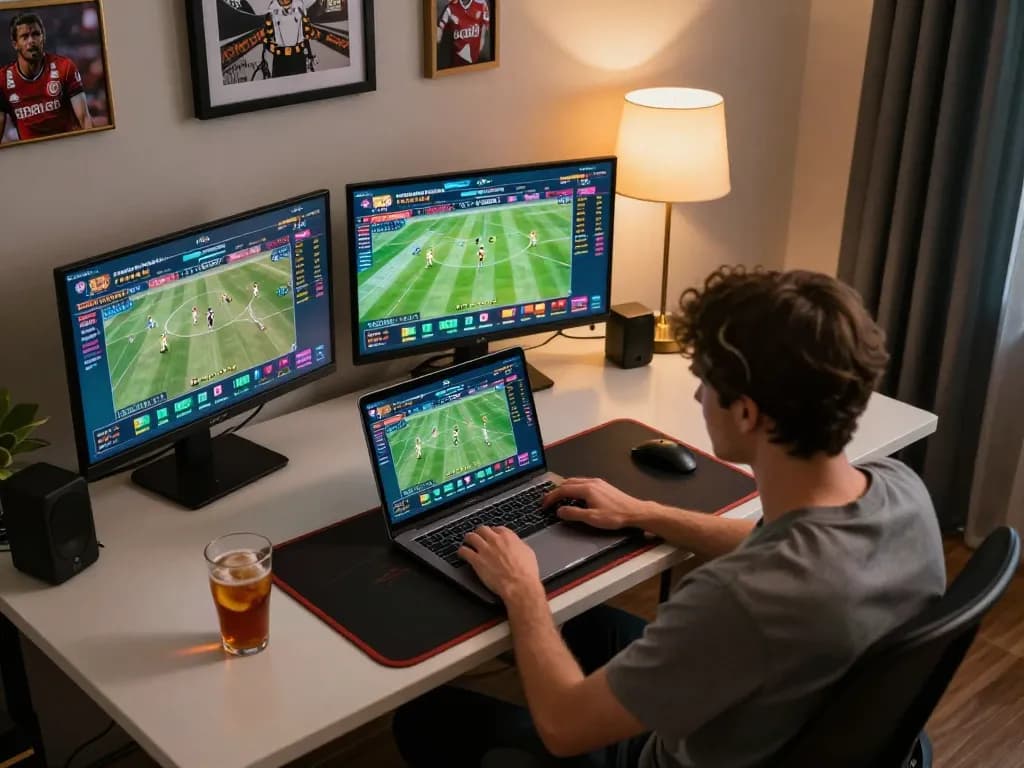 Engaged player using open88 platform for strategic sports betting in a modern home office setup
