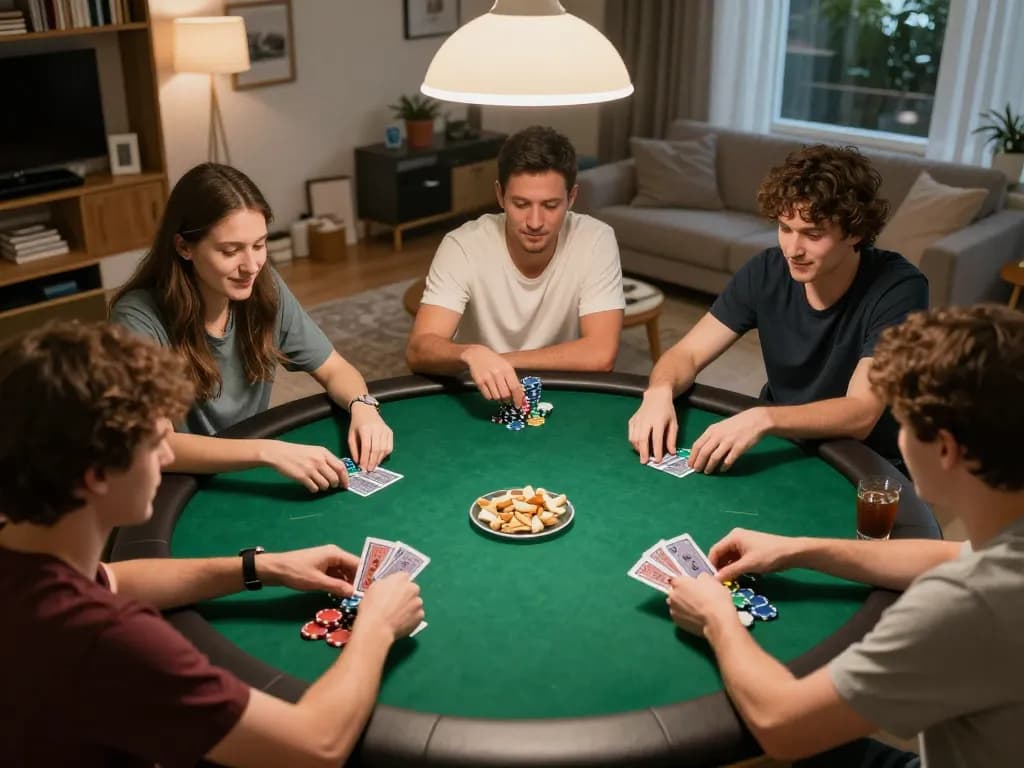 A poker night scene with players enjoying inkingrey casino games and strategizing in a cozy home environment.