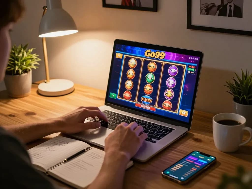 Engaged player enjoying Go99 online casino gaming on laptop with strategic notes nearby.