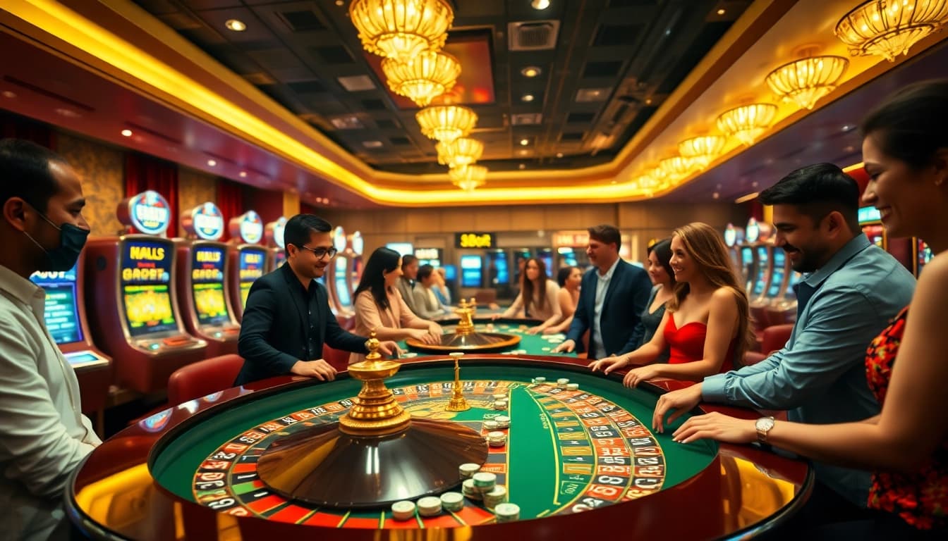 Excited players enjoying casino games at 8kbet, featuring vibrant roulette and slot machines.