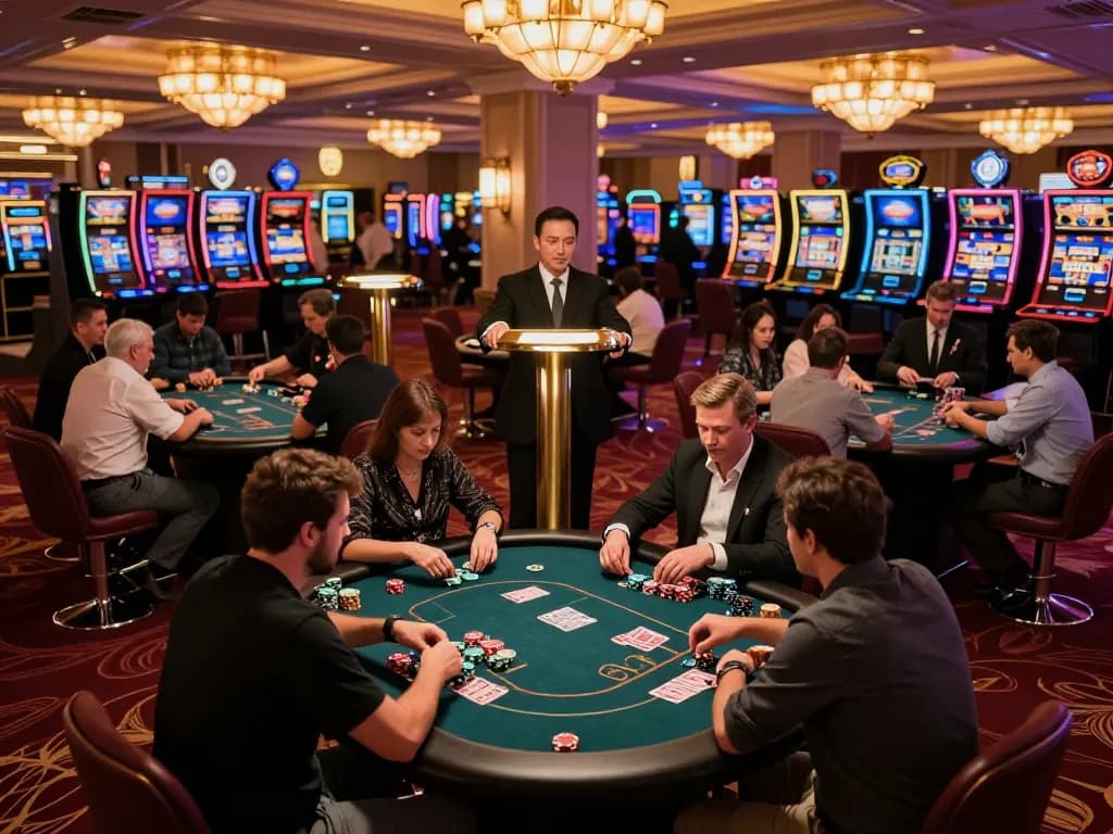 Players enjoying poker at F168 casino, chips and cards in action, vibrant evening atmosphere.