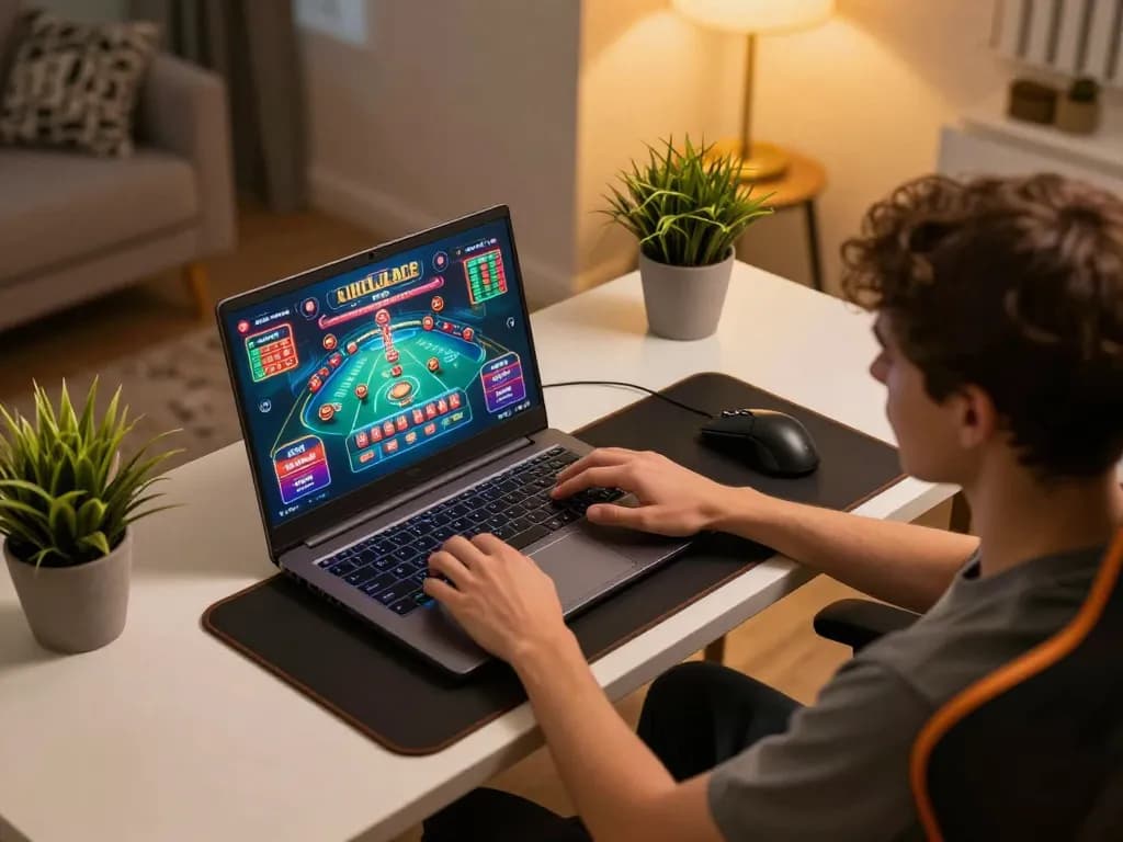 RR88 online gaming setup showcasing an engaged player strategizing on their laptop