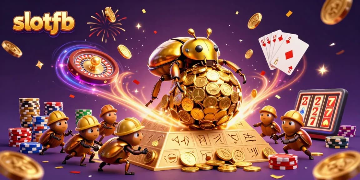 Experience thrilling action with slotfb, as a golden beetle rolls coins amid casino symbols.