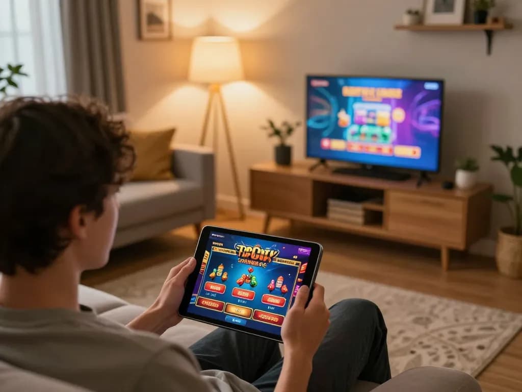 Engaged player enjoying 100VIP online casino games on a tablet in a stylish living room.