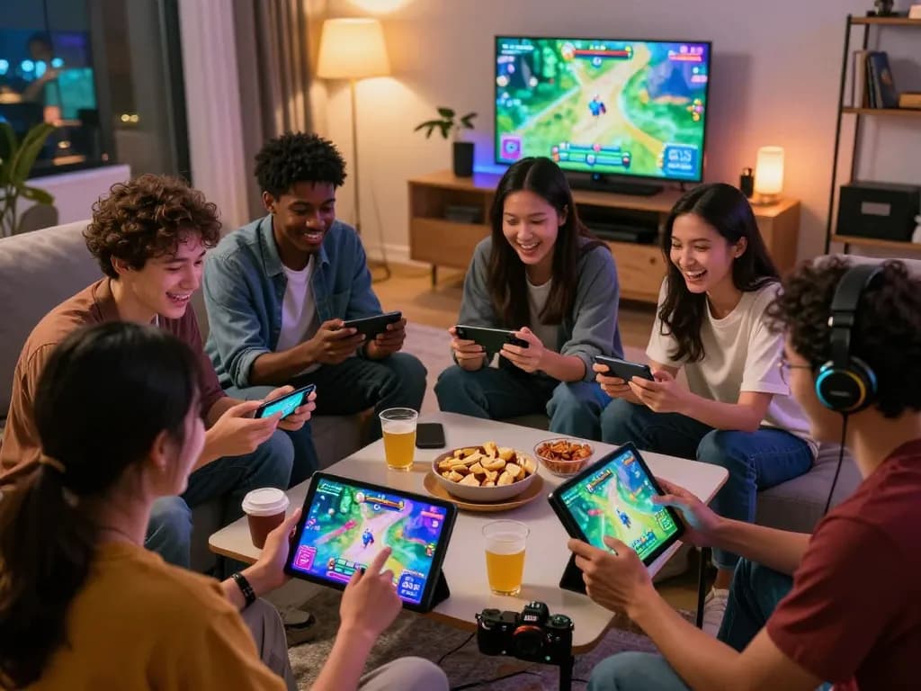 Friends playing tải sunwin 2026 in a cozy living room, enjoying snacks and excitement.