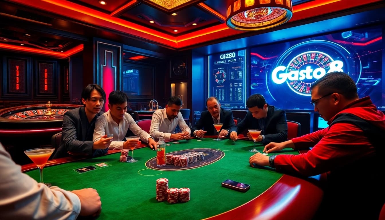 High-stakes poker action at gi88 with luxurious ambiance and vibrant gaming atmosphere.