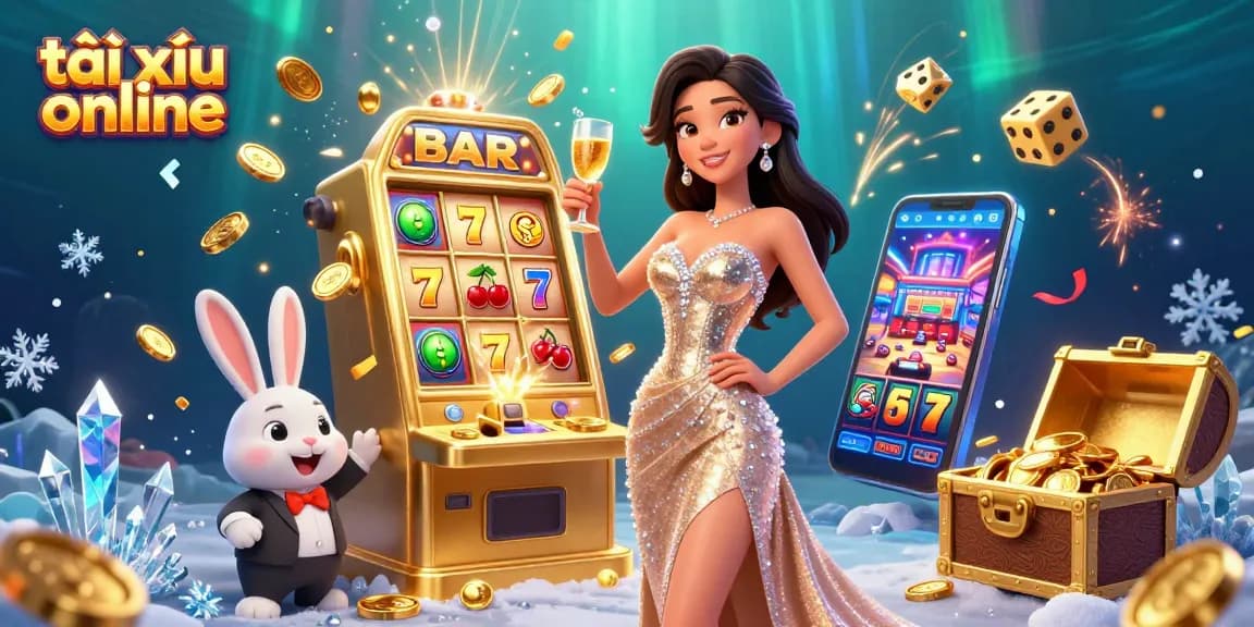 Play exciting tài xỉu online with stunning visuals of a jackpot slot, character elements, and rich casino atmosphere.