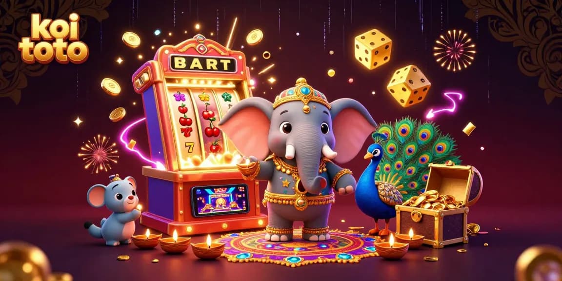 Play exciting games at koi toto with vibrant 3D visuals of a casino scene filled with jackpots and treasures.