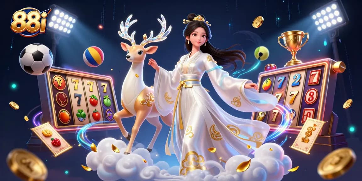 Engage with 88i's thrilling casino world featuring a floating goddess and vibrant game elements.