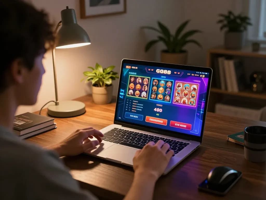Person engaging in GG88 online casino gaming at home, showcasing vibrant gameplay and cozy atmosphere.