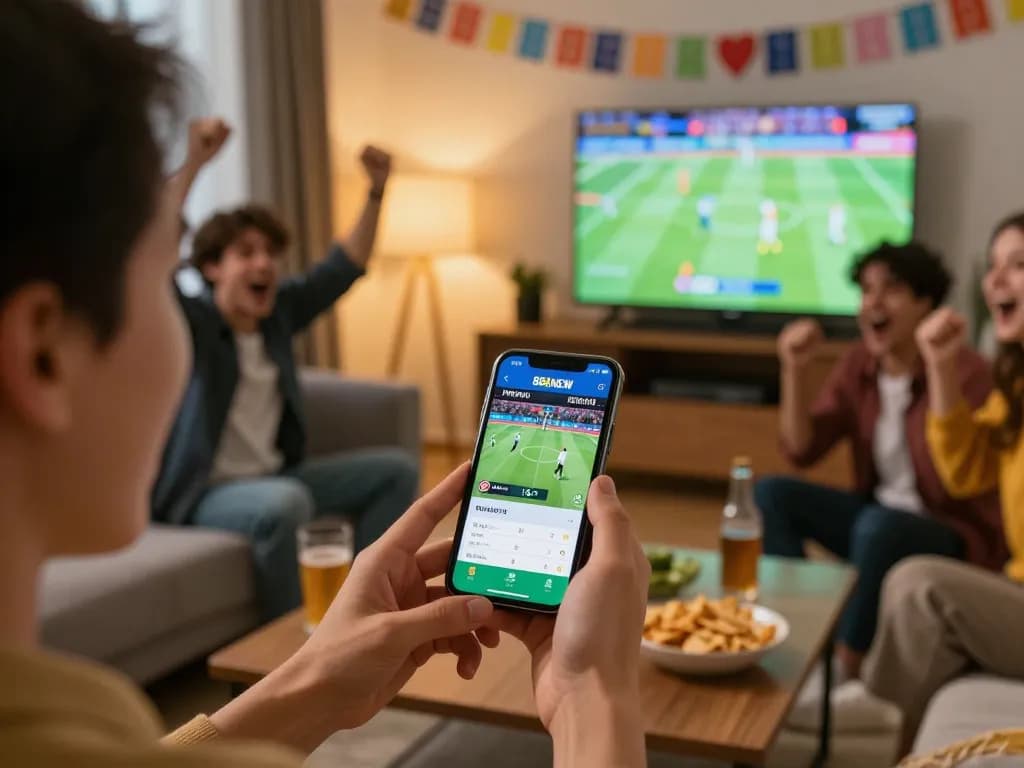 Fan engaged in sports betting on the 888NEW app, with exciting game atmosphere.