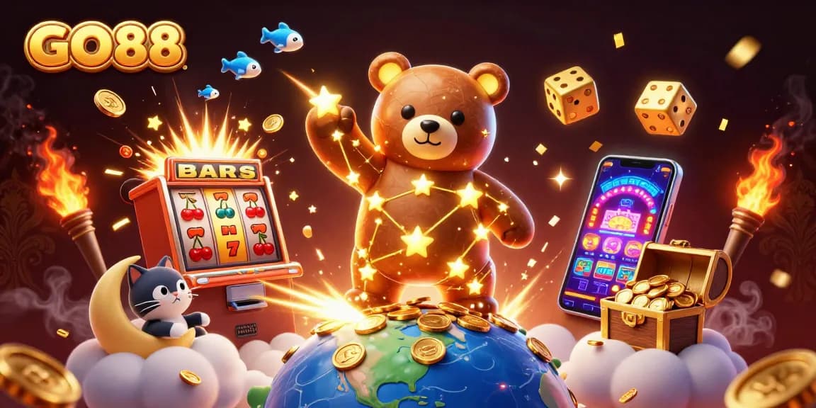 Engage with GO88's thrilling world of slots and jackpots amidst celestial characters and vibrant casino elements.