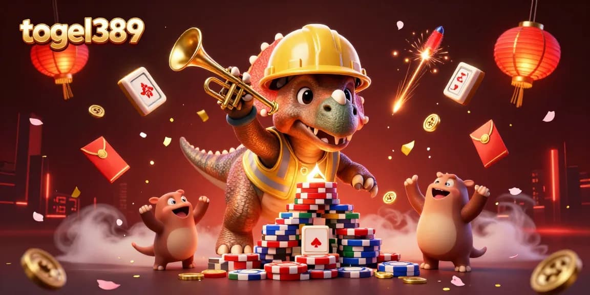 Experience the thrill of winning with togel389, as characters build poker chip pyramids amidst festive casino elements.