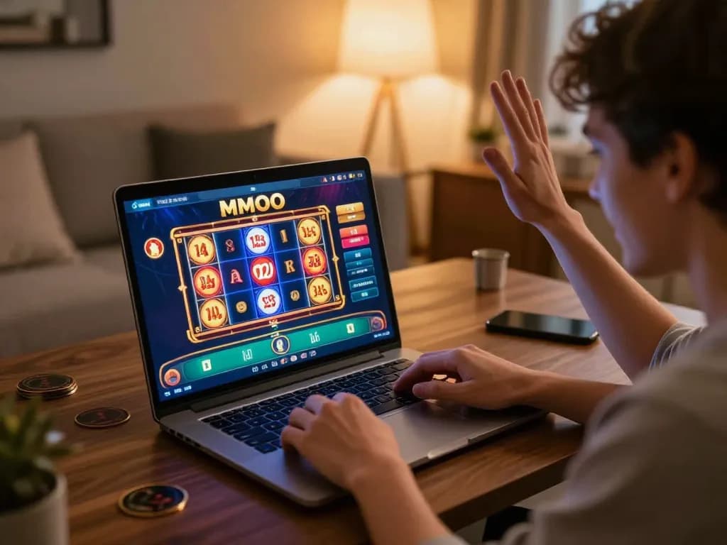 Player celebrating a win while using the MMOO online gambling platform on a laptop in a cozy home setting.