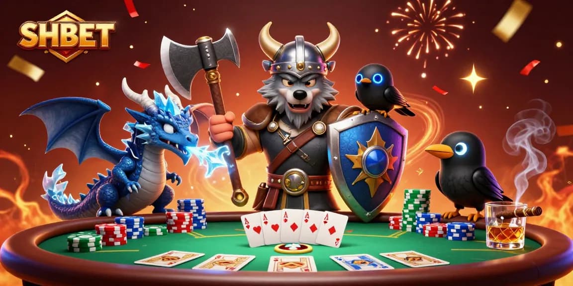 Experience the thrilling action at SHBET with a dynamic poker scene featuring a Viking warrior and dragon.