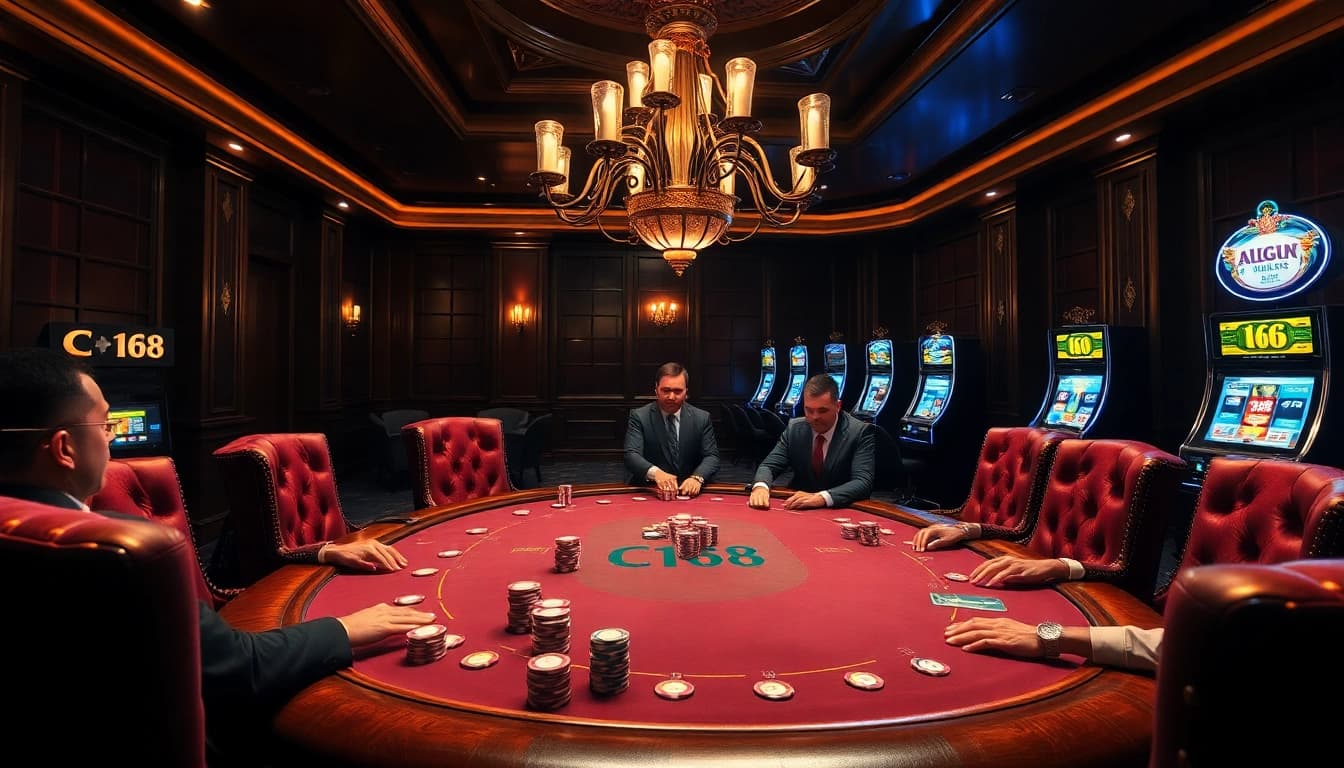 C168 casino ambiance with professional poker table and vibrant chips