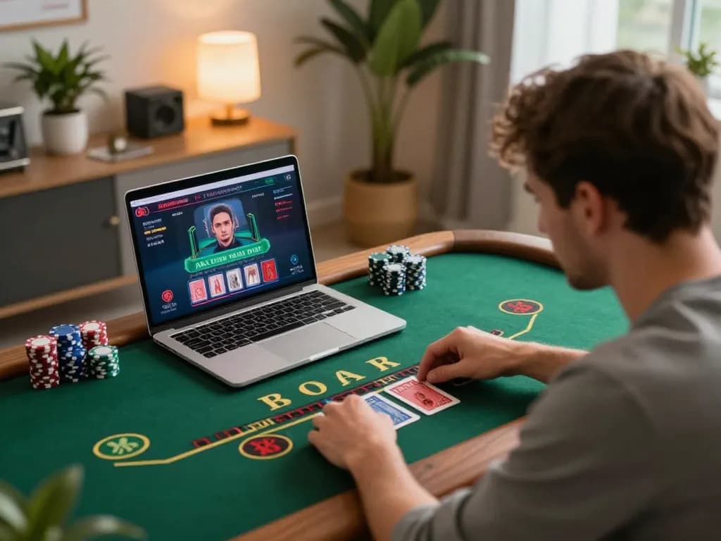 Player engaging with bk8's live dealer game on a laptop in a cozy home office, focused on strategy.