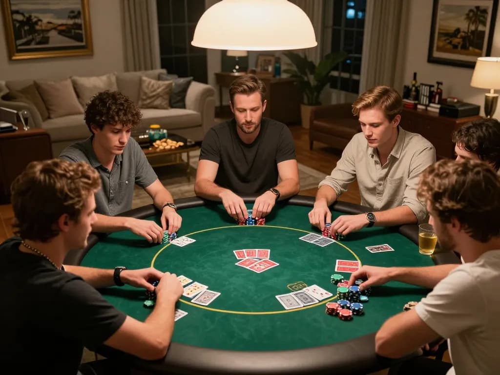 Friends engaged in a thrilling nk88 home poker night, with cards and chips on the table creating an exciting atmosphere.