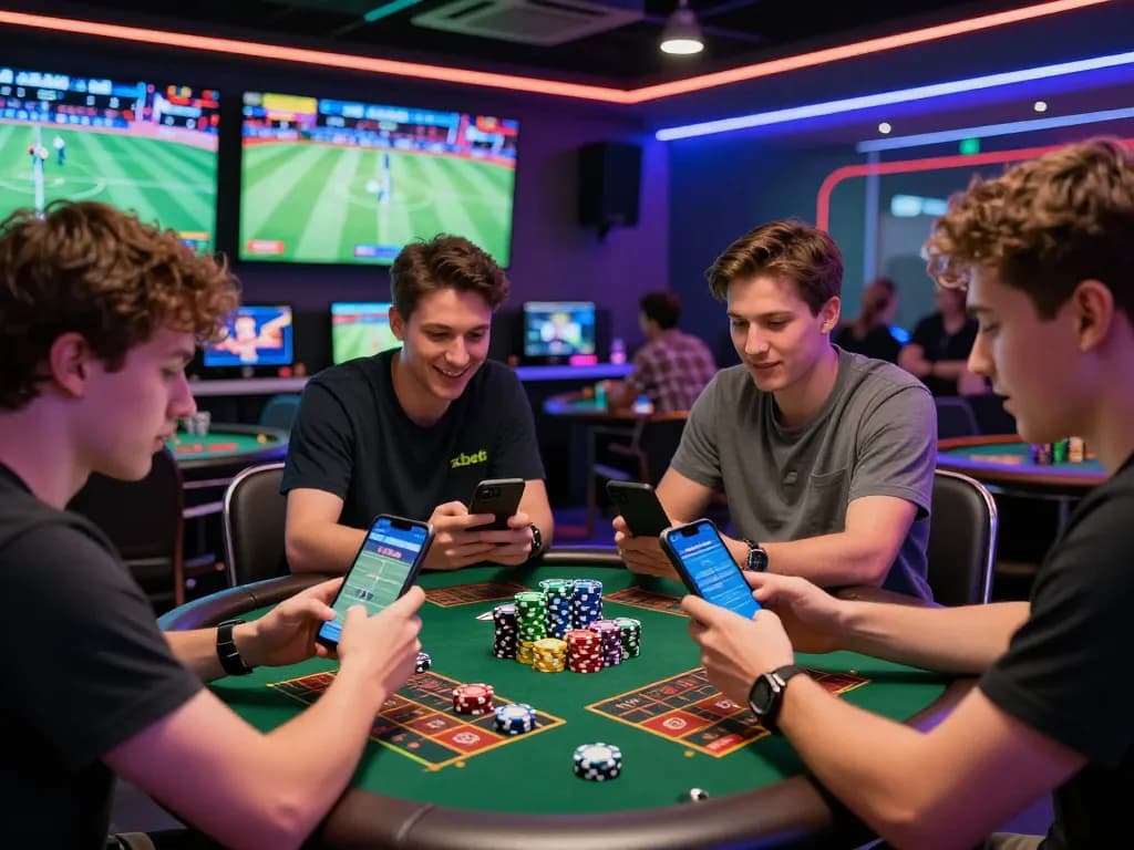 Dynamic zbet sports betting scene with excited young adults and vibrant decor