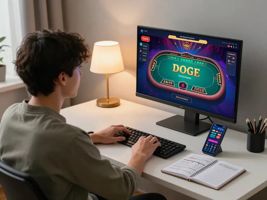 DOGE gambling action in an online setting, with a player focused on a vibrant virtual casino game.