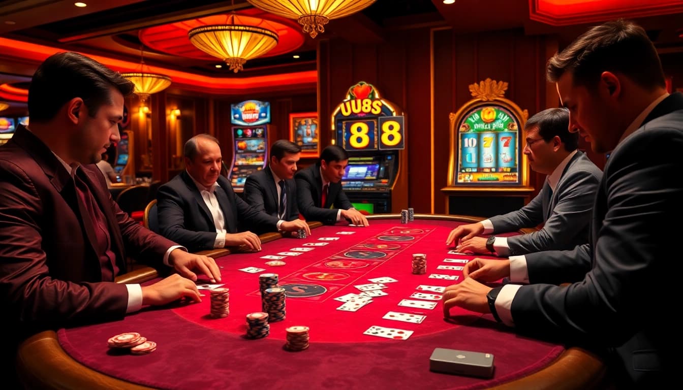 Exciting poker game at uu88 casino with vibrant chips and cards.