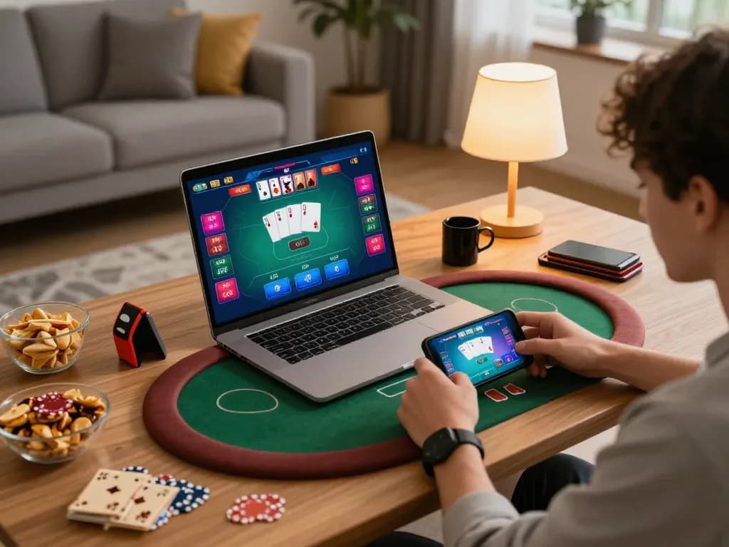Player strategizing at home with f8beta2 poker game interface on their laptop, showcasing an engaging online gaming experience.
