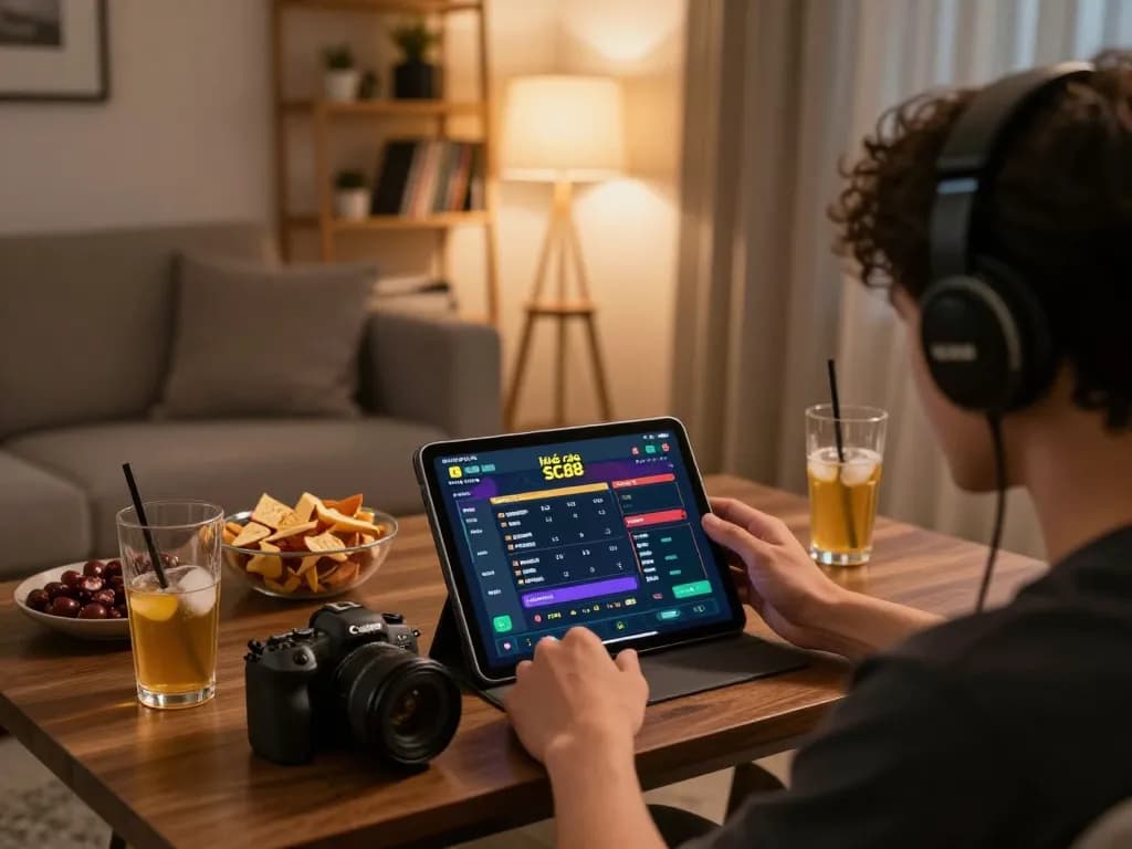 Player enjoying online gambling with nhà cái SC88 displayed on tablet in cozy living room setting.