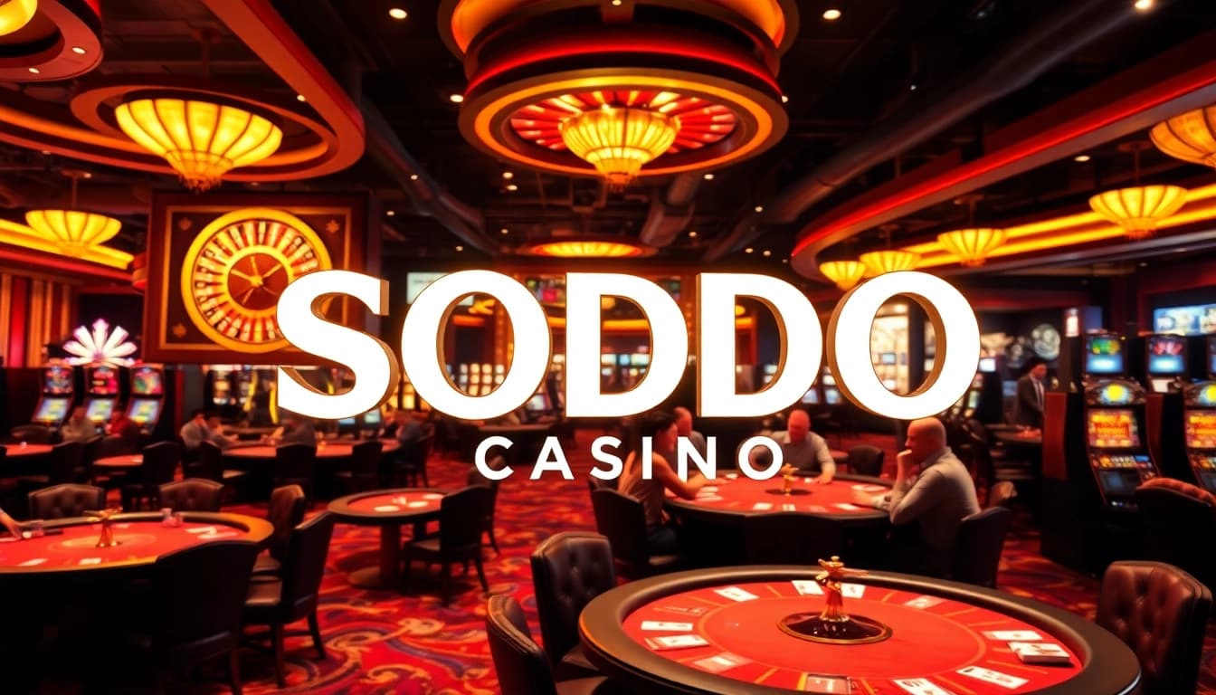 Engaged players enjoy games at SODO Casino, featuring vibrant tables and a roulette wheel.