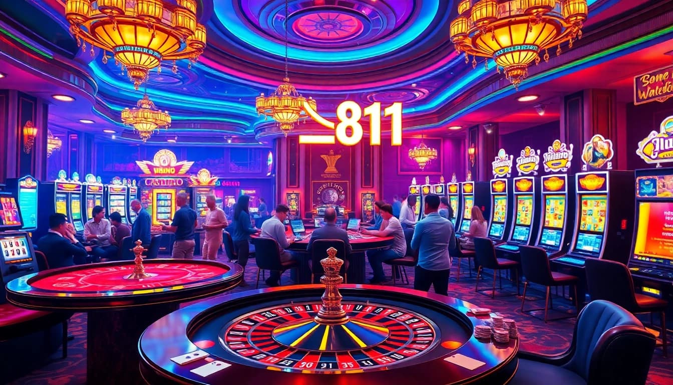 Engaging scene of เว็บu31 with casino tables, vibrant slot machines, and excited players.