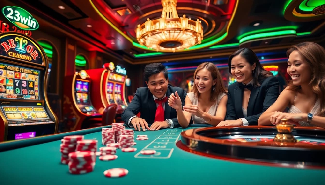 Cheerful players at a 13win casino table experience excitement while gambling.