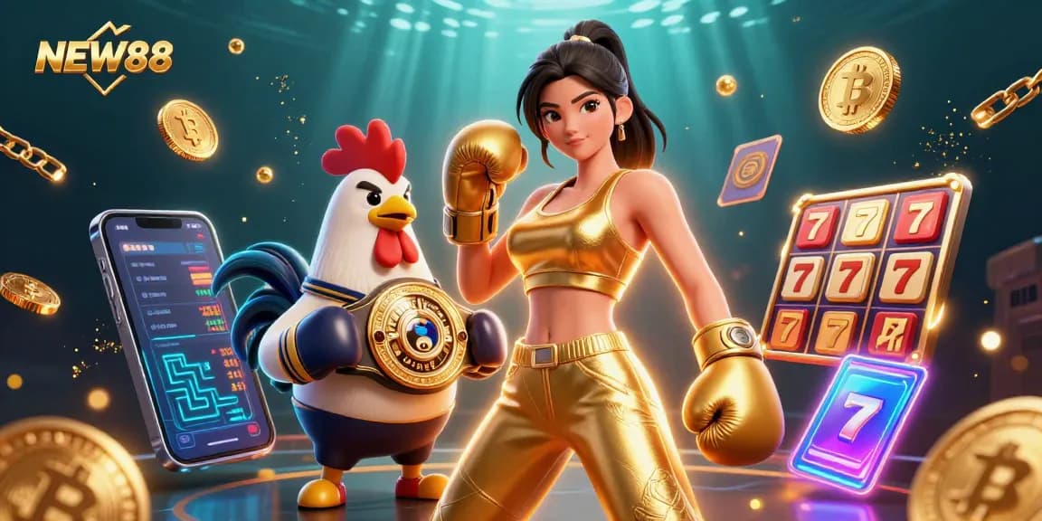 Experience the thrilling world of NEW88 with engaging casino action and vibrant 3D illustration.