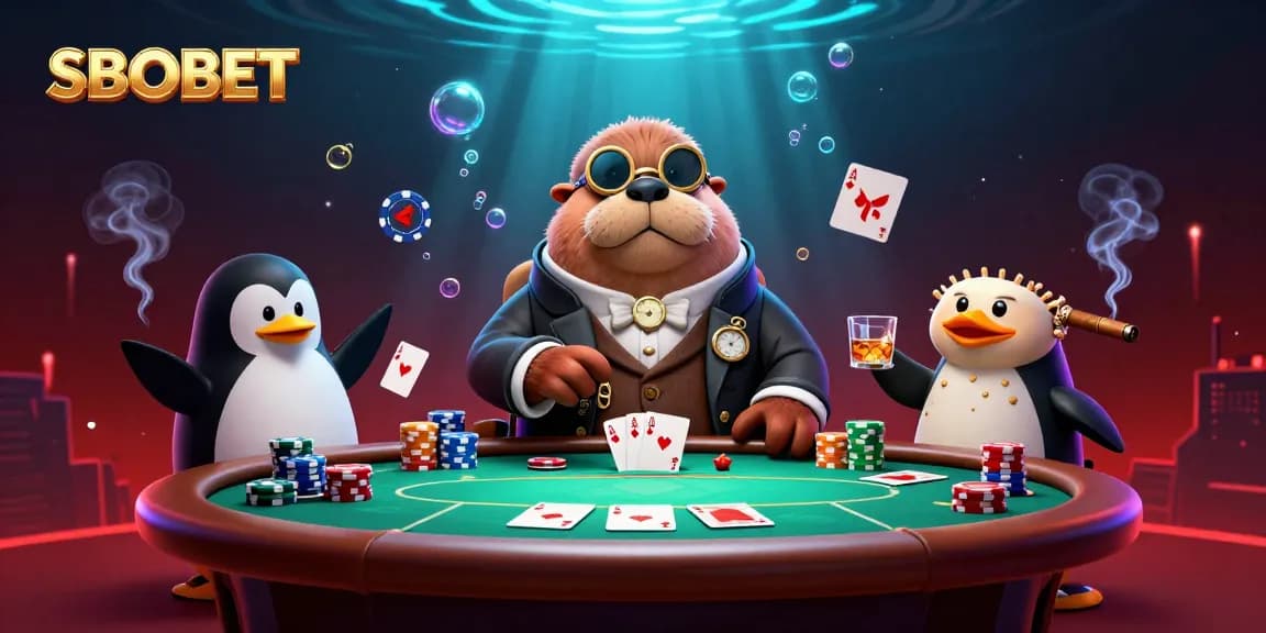 SBOBET players bluffing at an underwater poker table with vibrant colors and dynamic characters.