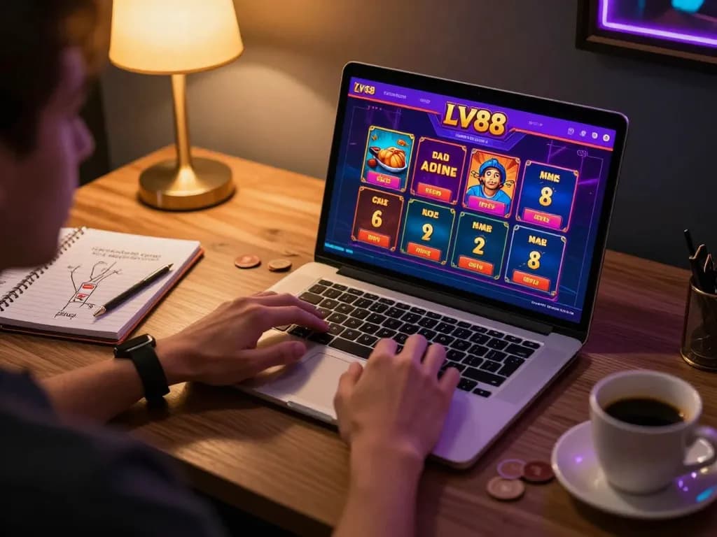 Player enjoying LV88 online casino games on a laptop in a cozy home setup.