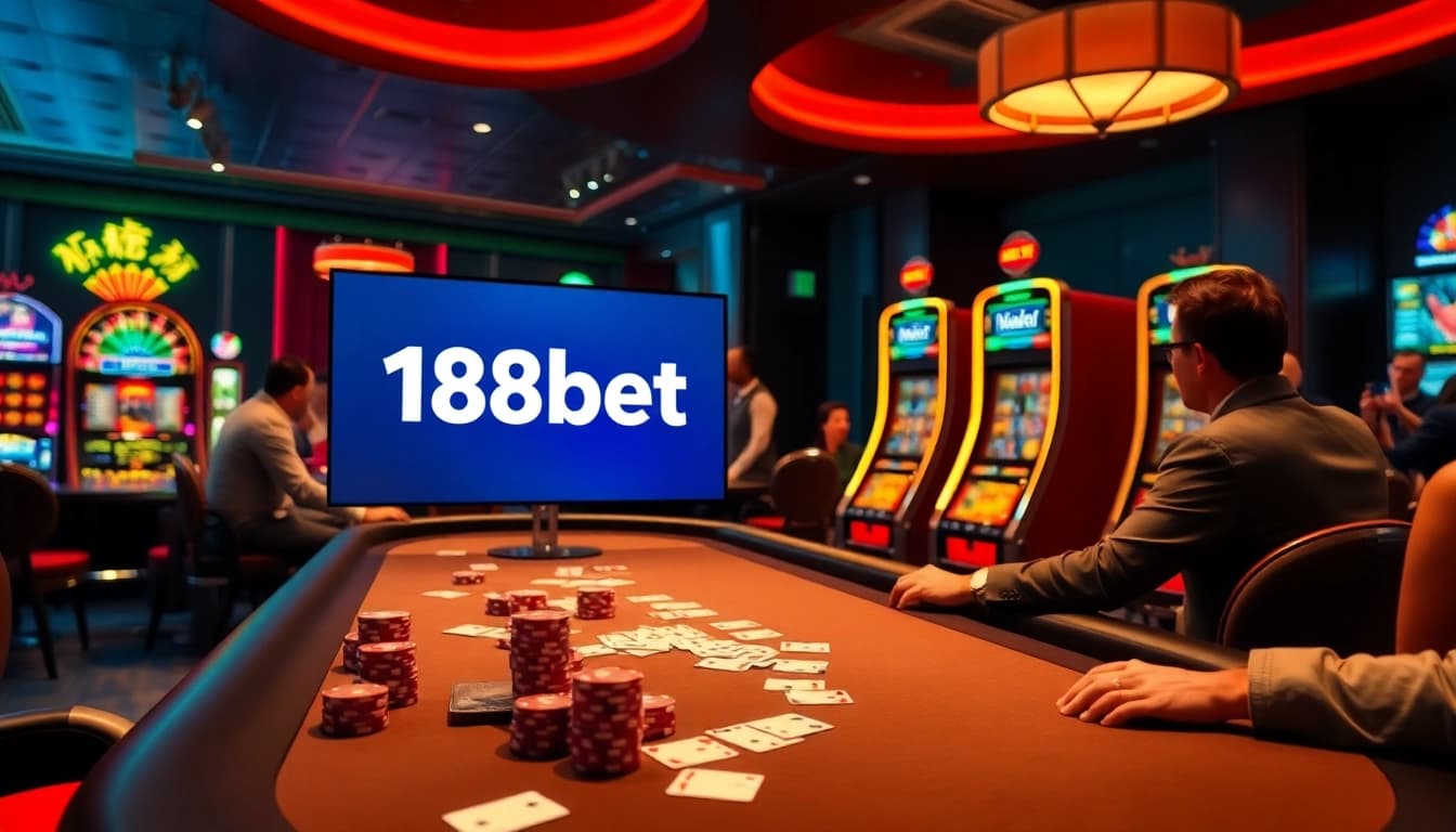 Engaging gambling action at 188bet casino table with poker chips and roulette wheel.