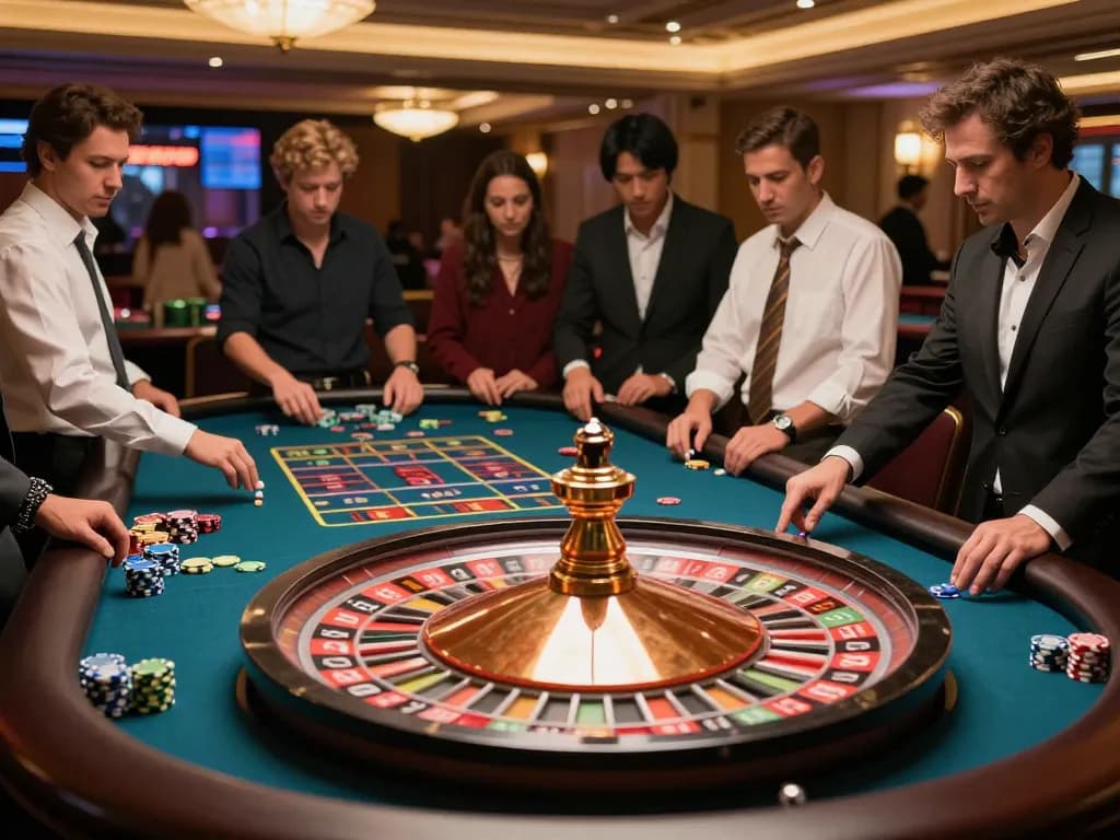 Pemain memasang taruhan dalam permainan mpi2121 roulette yang mendebarkan di kasino yang ramai.