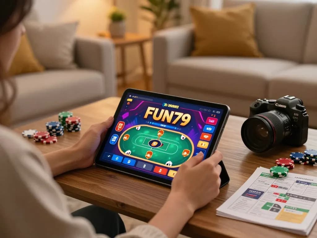 Players engaged in exciting FUN79 online casino gaming on tablet in a cozy setting